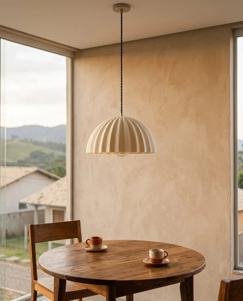 O pêndulo plissado recém-instalado sobre a mesa de jantar.